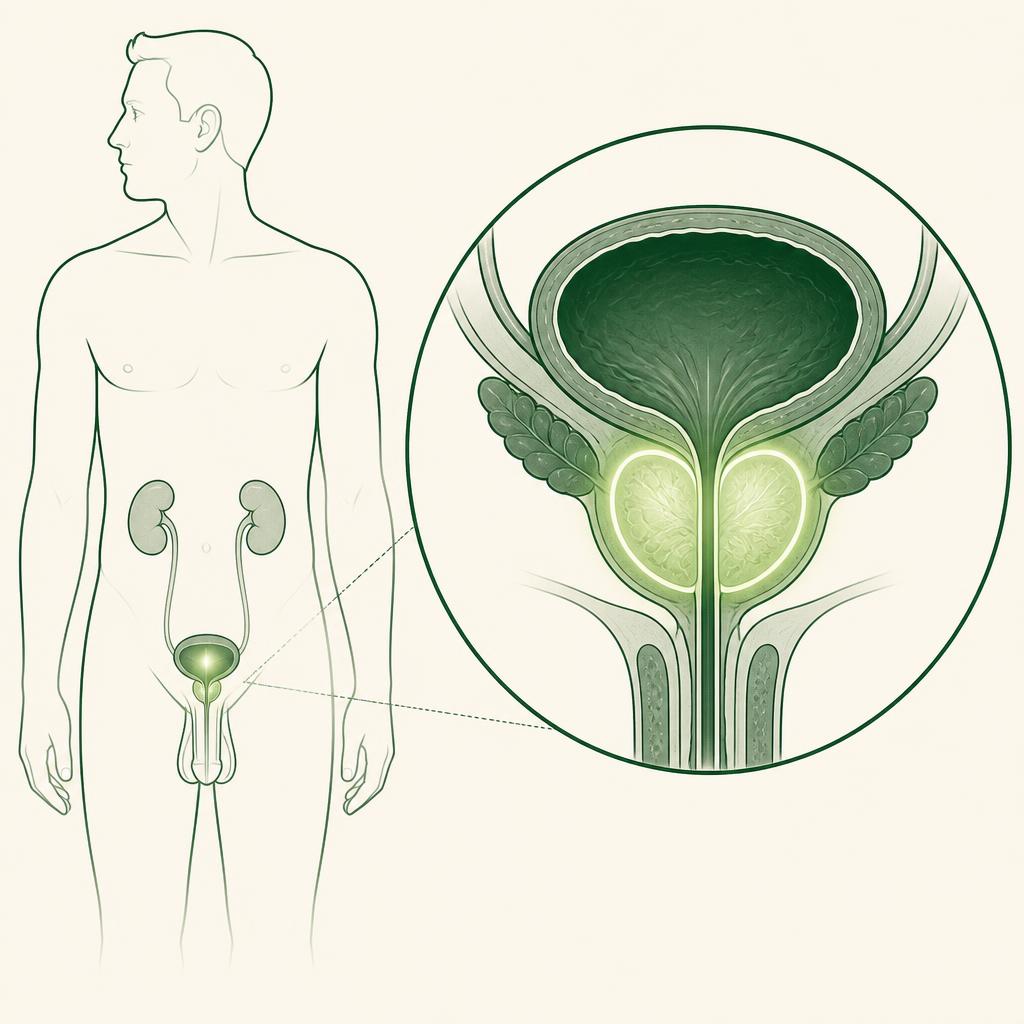 Illustration of the prostate gland sitting below the bladder and around the urethra