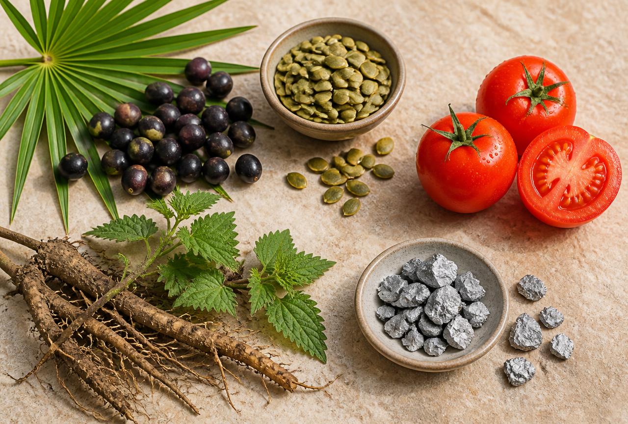 Saw palmetto berries, pumpkin seeds, nettle root, tomatoes and zinc — the ingredient families in FlowStrong Prostate