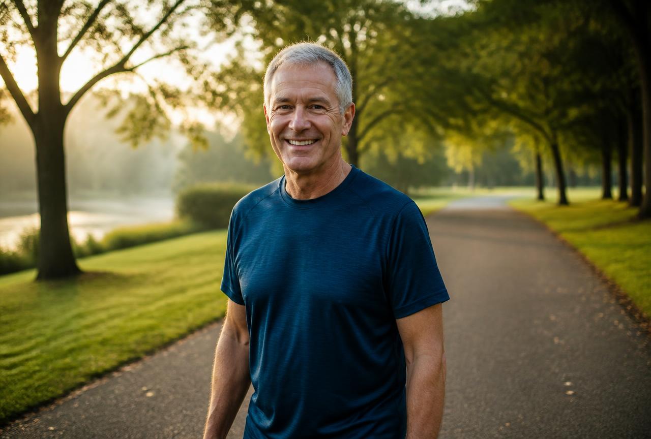 Man in his fifties walking in a park after a full night of uninterrupted sleep